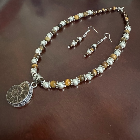 Rare Hand Crafted Ammonite .925 Sterling Silver and Tiger’s Eye set